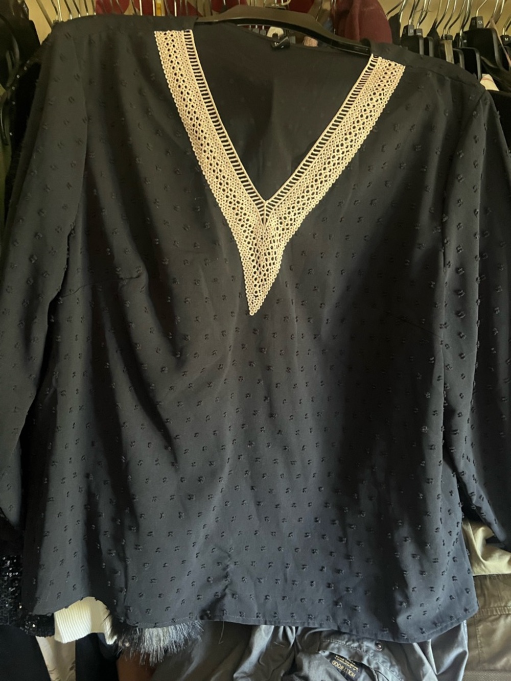 Black Blouse with Cream Crochet V-Neck